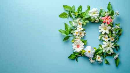 Delicate flowers and green leaves forming hashtag symbol on pastel blue backgroundの素材