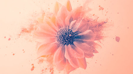 Pink flower exploding with colorful powder particlesの素材