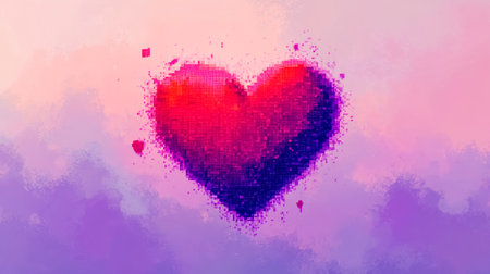Pixelated red heart dissolving on pastel purple backgroundの素材