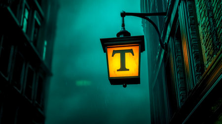 Streetlamp showing the letter t illuminating a foggy alleyの素材