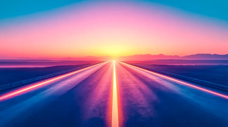 Futuristic neon lit highway extending into infinity at sunsetの素材
