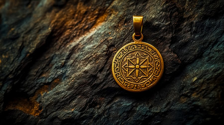Golden engraved pendant resting on dark stone surfaceの素材
