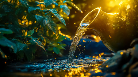 Water pouring from a jug into a stream at sunset, symbolizing aquarius zodiac signの素材