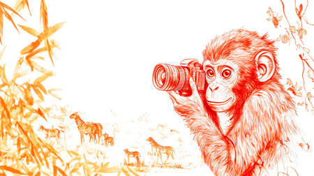 Curious monkey photographer capturing wildlife in natural habitatの素材