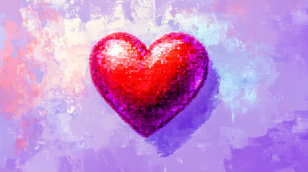 Pixelated red heart symbolizing love on purple backgroundの素材