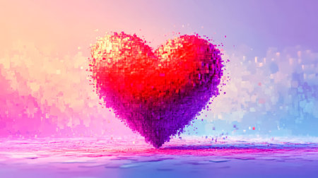 Pixelated red heart floating on pastel purple backgroundの素材