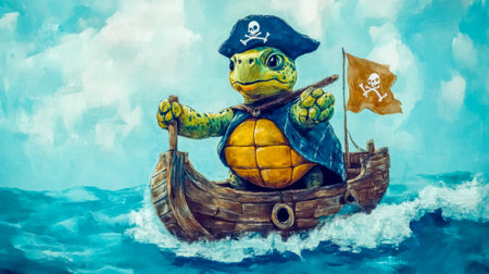 Playful turtle captain sailing the seas in a small boatの素材