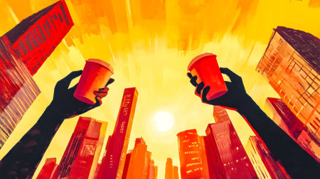 Hands holding coffee cups in a big city at sunsetの素材