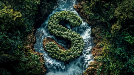 Lush green letter s shaped island in a flowing riverの素材