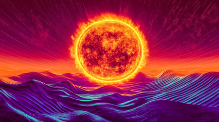 Virtual sun shining over a wavy landscape with purple and turquoise colorsの素材