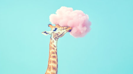 Playful giraffe eating pink cotton candy against pastel blue skyの素材