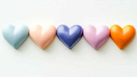 Five pastel colored hearts forming a line on white backgroundの素材