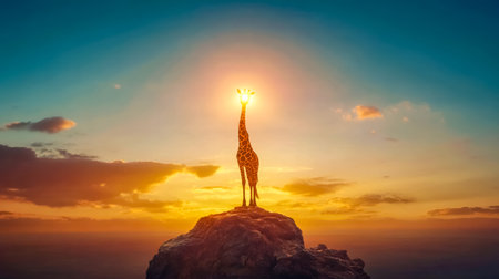 Giraffe holding sun on top of mountain at sunset, surreal wildlife sceneの素材