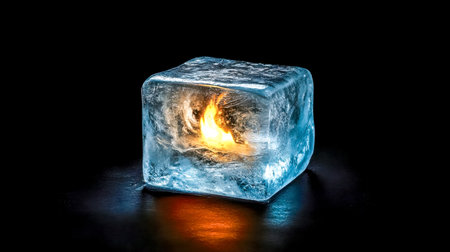 Burning flame trapped inside ice cube on dark backgroundの素材