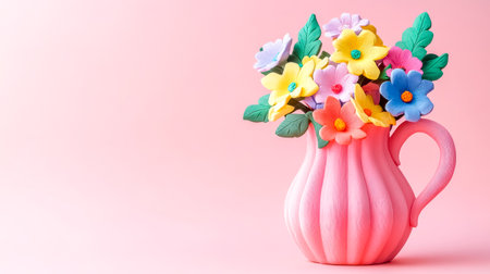 Colorful clay flowers in pink pitcher on pink backgroundの素材