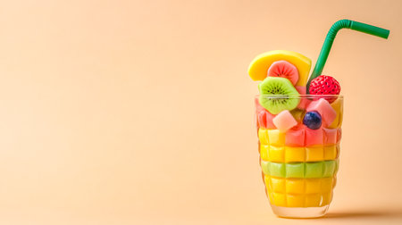 Colorful plasticine fruit cocktail in glass with straw on orange backgroundの素材