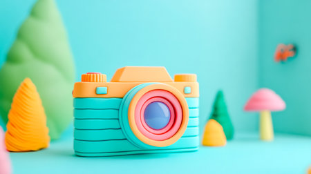 Clay camera stands in a colorful miniature landscapeの素材