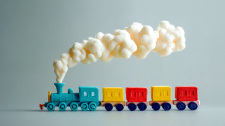 Colorful clay train leaving cotton smoke cloud on plain backgroundの素材