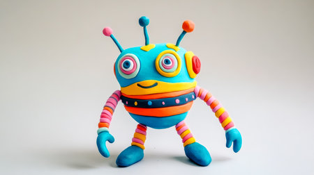 Colorful clay robot standing with antennas and friendly expressionの素材