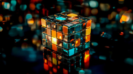 Reflective combination puzzle floating on dark background with bokehの素材