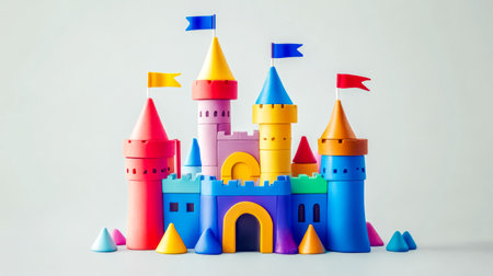 Colorful clay castle with flags standing on white backgroundの素材