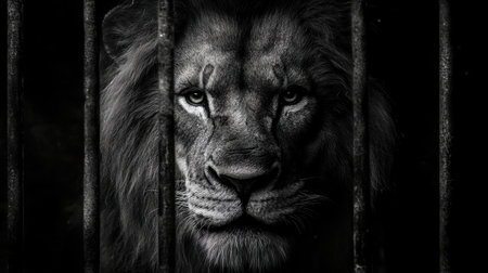 Majestic lion stares through cage bars in black and whiteの素材