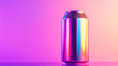 Iridescent soda can shining in neon light on purple backgroundの素材