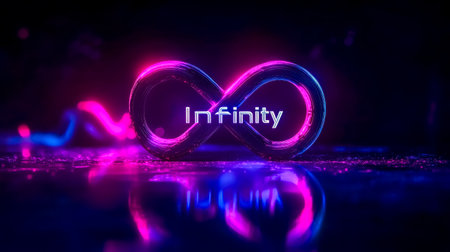 Futuristic infinity symbol reflecting on wet floor with infinity textの素材