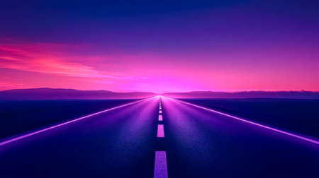 Futuristic neon lit highway extending into infinity at sunsetの素材