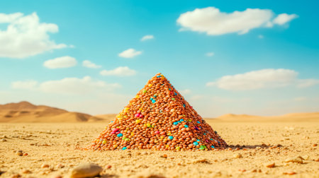 Colorful pyramid of lentils and candy in the desertの素材