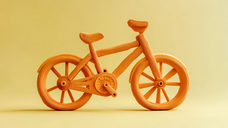 Orange clay bicycle standing on yellow backgroundの素材