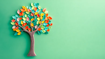 Colorful clay tree growing on green background symbolizing environmental conservationの素材