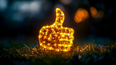 Glowing thumbs up symbol made of small lights in grass at nightの素材