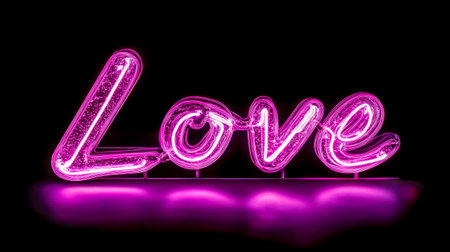 Pink neon sign spelling love illuminating dark backgroundの素材