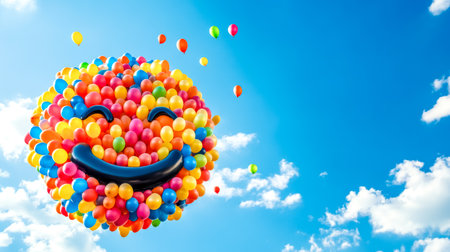 Giant smiley face made of colorful balloons floating in blue skyの素材