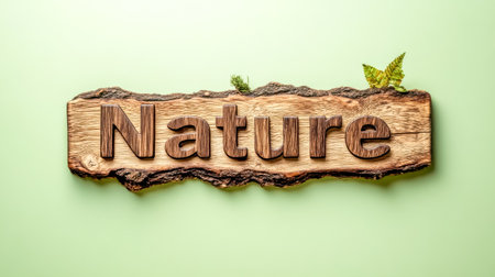 Wooden sign spelling nature on green background promoting environmental awarenessの素材