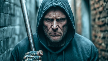 Dangerous criminal holding wooden stick, wearing hoodie and showing tattoosの素材