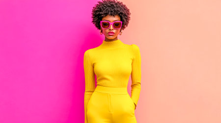 Fashion model posing in yellow outfit and pink sunglasses on colorful backgroundの素材