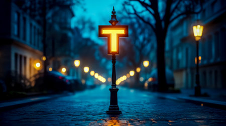 Streetlamp shaped like letter t illuminating empty city street at duskの素材