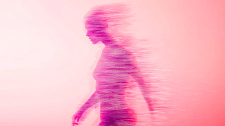 Woman figure gradually dissolving while walking in pink lightの素材