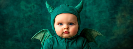 Adorable baby wearing green dragon costume for halloween partyの素材
