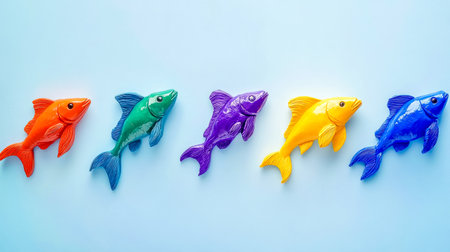 Five colorful clay fish swimming together on blue backgroundの素材