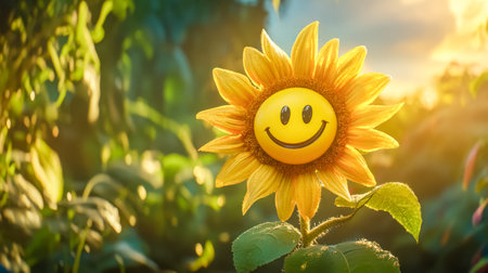 Sunflower smiling in beautiful sunset light in a fieldの素材
