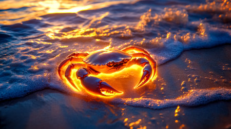 Glowing zodiac sign cancer as a crab emerging from ocean waves on the beach at sunsetの素材