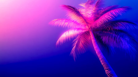 Vibrant neon palm tree shining under a purple and pink skyの素材