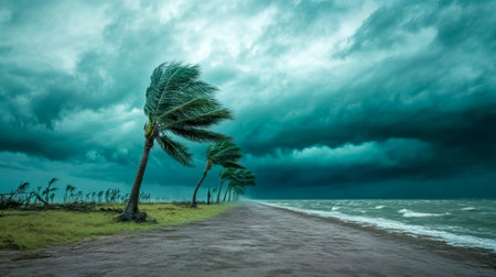 Hurricane blowing palm trees on tropical beach under dark cloudsの素材