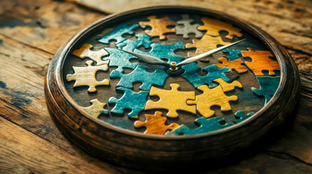 Clock made of jigsaw puzzle pieces ticking away on wooden tableの素材