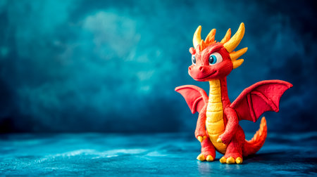 Cute red and yellow plasticine dragon figurine standing on dark blue surfaceの素材