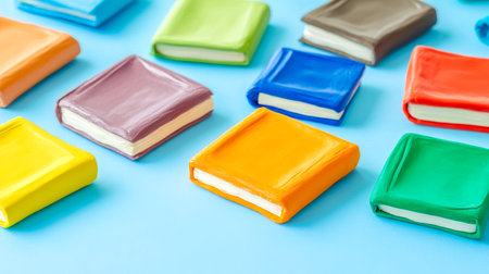 Colorful miniature clay books on a light blue background representing education and creativityの素材