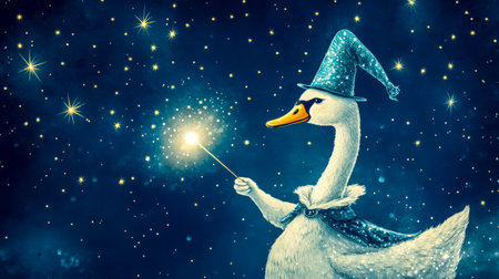 Magician swan conjuring magic with wand under starry skyの素材